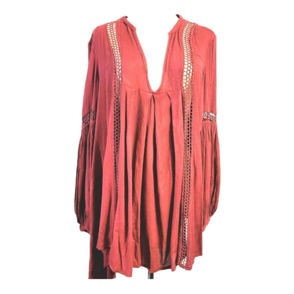 FREE PEOPLE Tunic Dress Crinkle Crochet V Neck Ballon Sleeve Size XS Red Boho